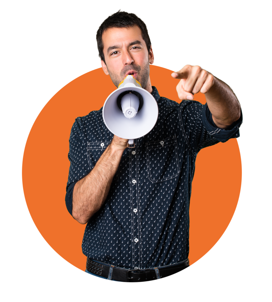 A man with megaphone in his hand staying in front of orange circle